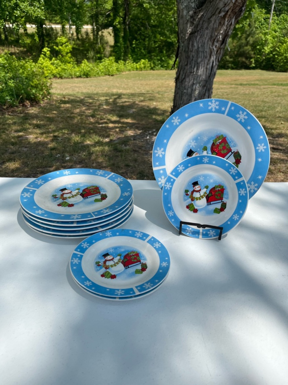 Blue Snowman Holiday Dinner Plates - Set of 8
